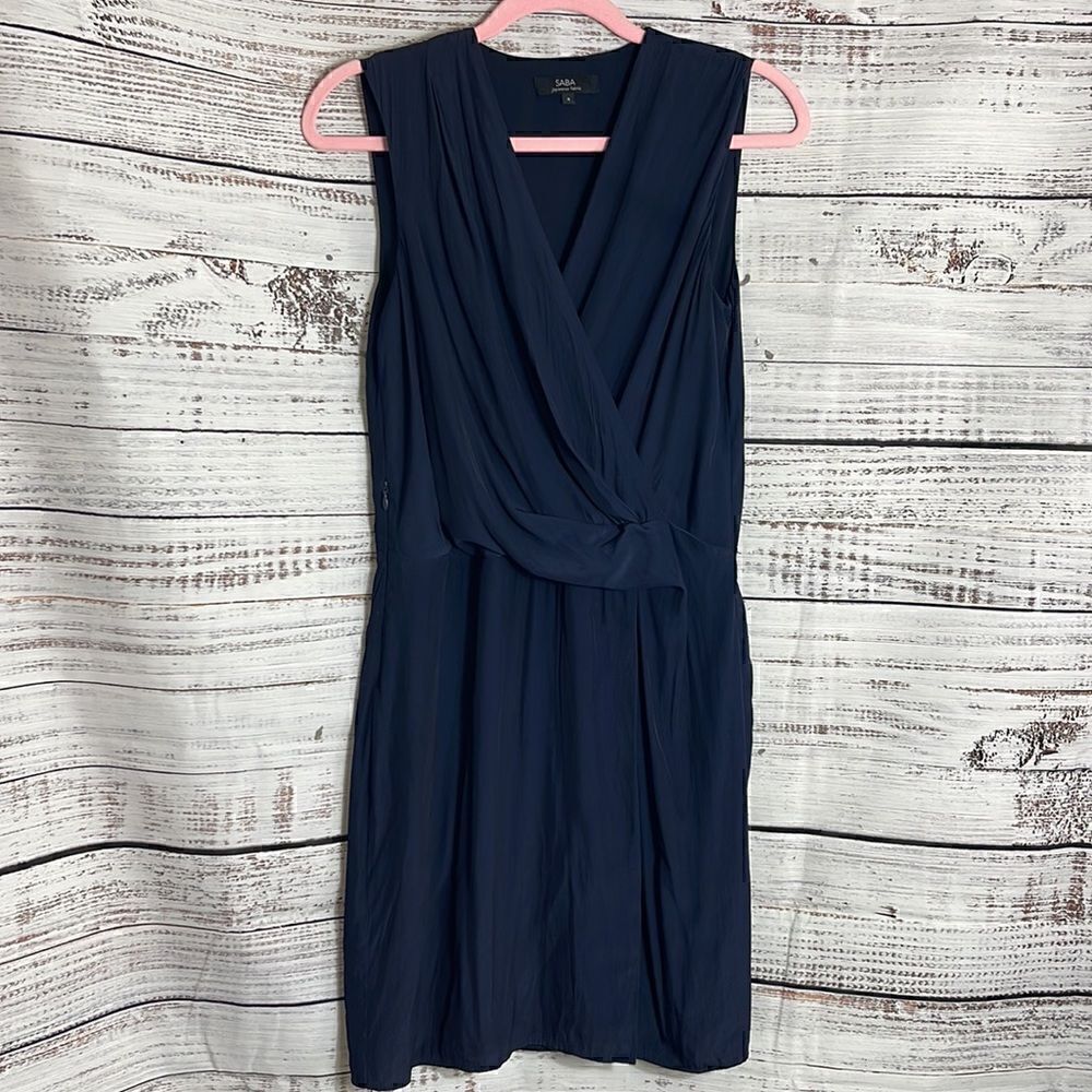 Saba Dress Womens Sz 8 Sheath Japanese Fabric V neck faux wrap Navy Blue‎ satin